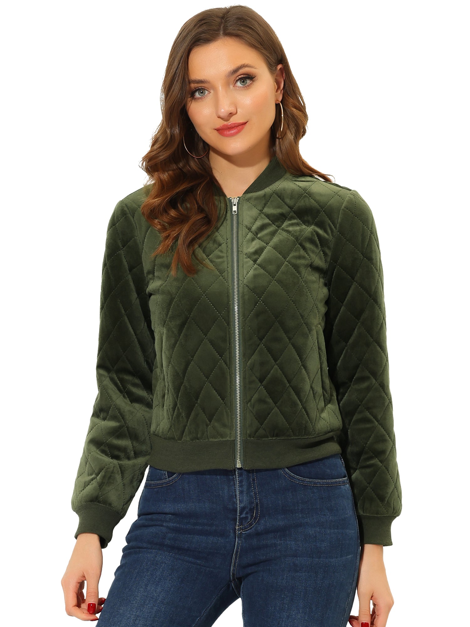 Allegra K Women's Casual Lightweight Zip-Up Bomber Jacket with Pockets Dark  Green Small