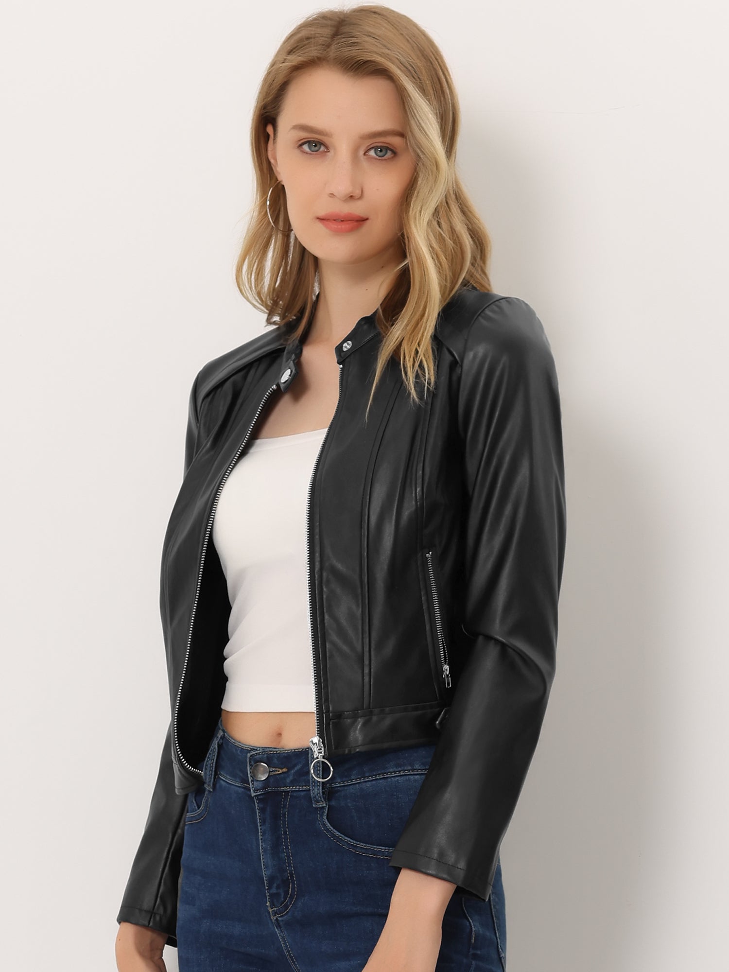 Allegra K Women's Long Sleeve Moto Cropped Jacket