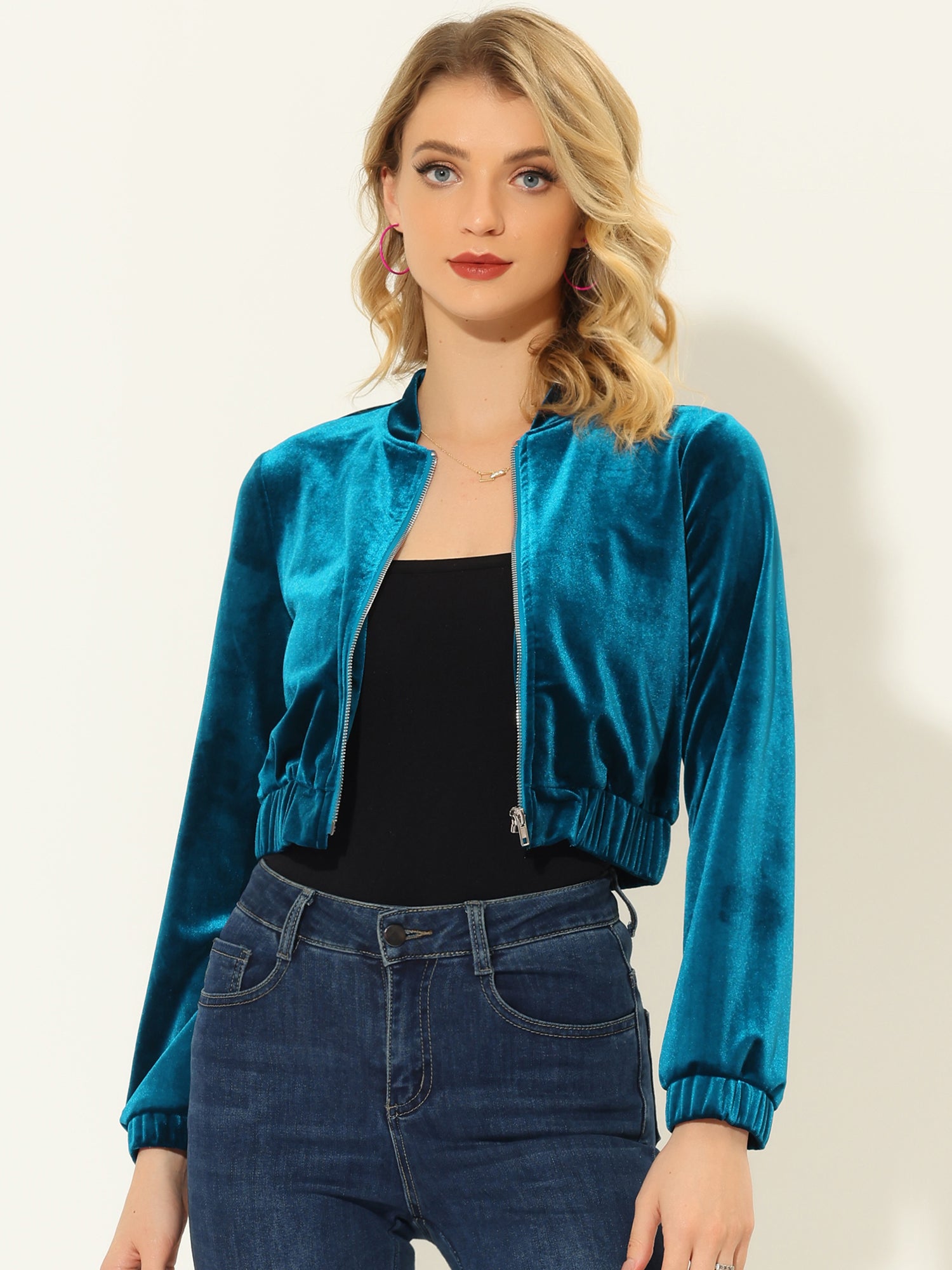 Allegra K Women's Sequin Jacket Long Sleeve Zipper Ombre Sparkle Bomber  Jackets Green Blue Large