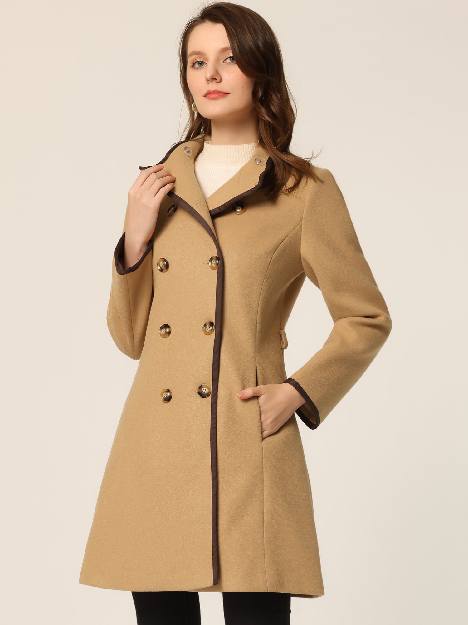Double-breasted Long Belted Stand Collar Winter Pea Coat | Allegra K