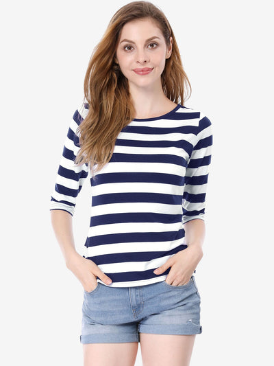 Striped Elbow Sleeve Round Neck Casual T-Shirt