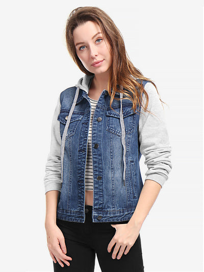 Allegra K Casual Layered Drawstring Pockets Hood Denim Jacket