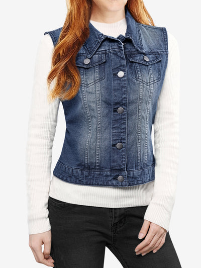 Buttoned Chest Flap Pocket Washed Denim Jacket Vest