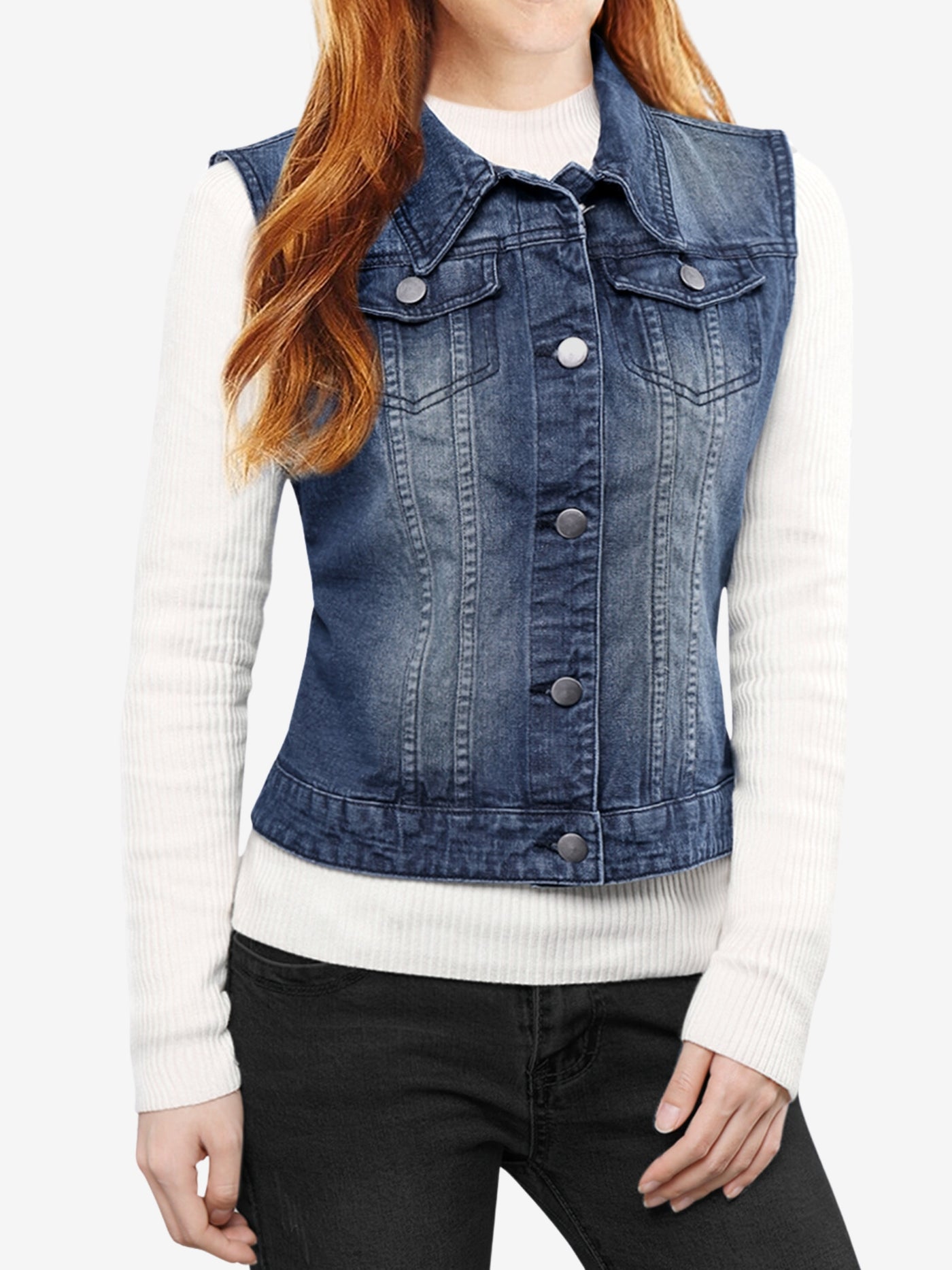 Allegra K Buttoned Chest Flap Pocket Washed Denim Jacket Vest