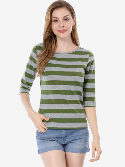 Elbow Sleeve Round Neck Casual Striped T-Shirt