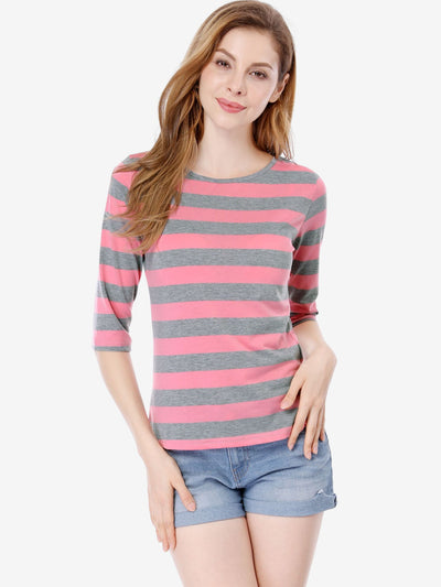 Striped Elbow Sleeve Round Neck Casual T-Shirt