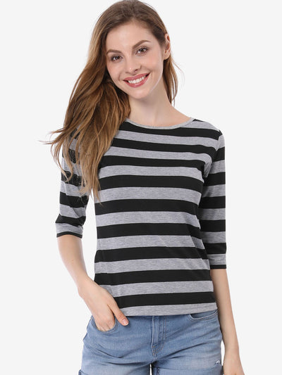 Striped Elbow Sleeve Round Neck Casual T-Shirt