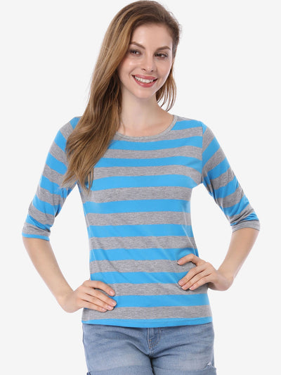 Striped Elbow Sleeve Round Neck Casual T-Shirt