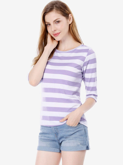 Striped Elbow Sleeve Round Neck Casual T-Shirt