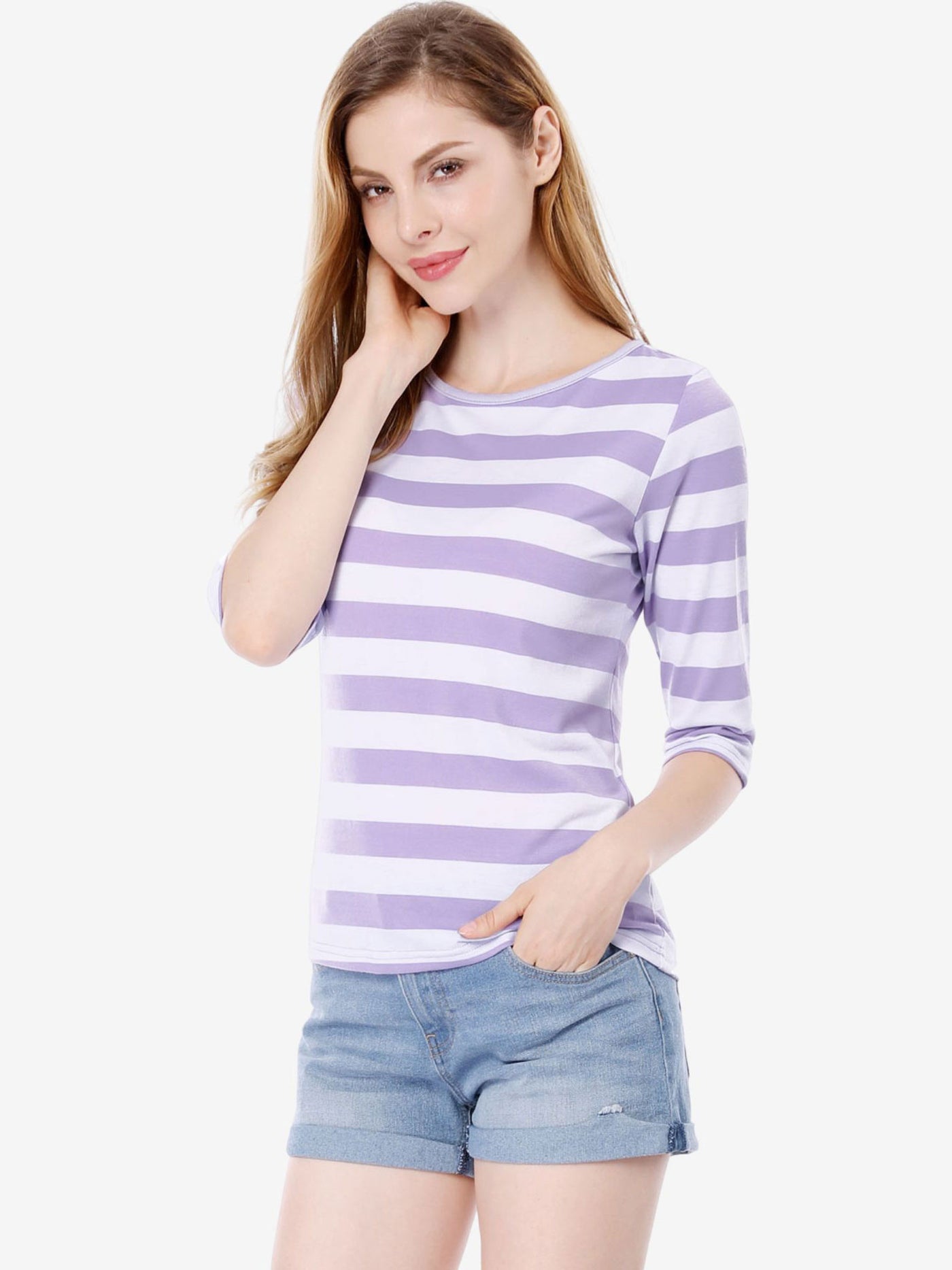 Allegra K Striped Elbow Sleeve Round Neck Casual T-Shirt