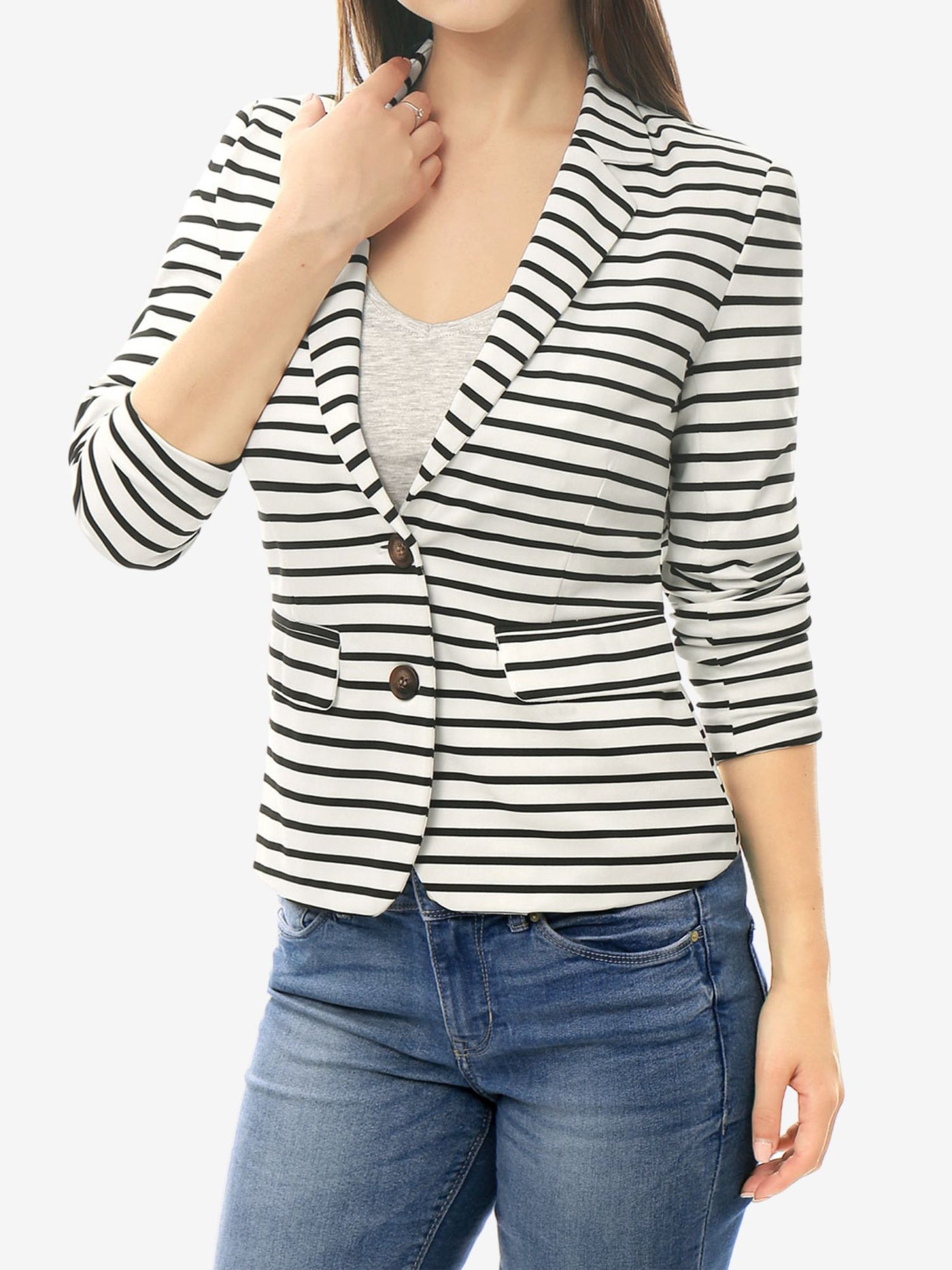 Allegra K Notched Lapel Pocket Button Closure Striped Blazer