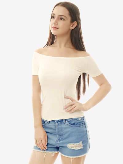 Off Shoulder Short Sleeve Solid Basic Sexy Slim Fit Blouse