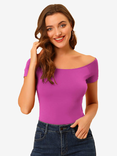 Off Shoulder Short Sleeve Solid Basic Sexy Slim Fit Blouse