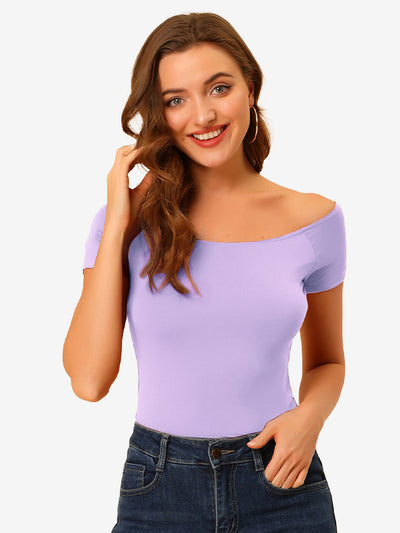 Off Shoulder Short Sleeve Solid Basic Sexy Slim Fit Blouse