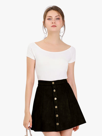 Faux Suede Button Closure A-Line High Waisted Short Skirt