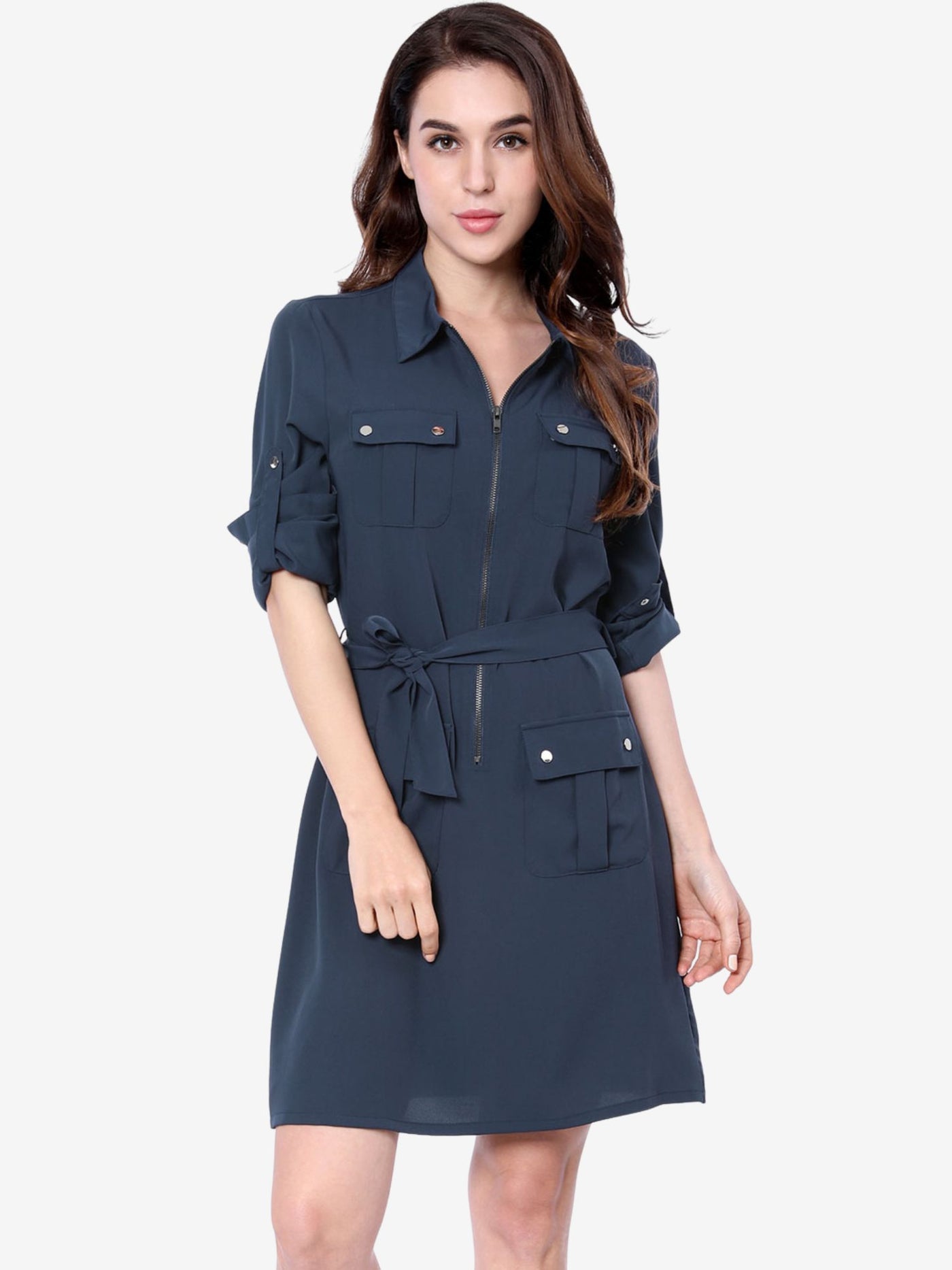 Allegra K Roll Up Sleeve Multi-Pocket Safari Belted Collared Shirt Dress