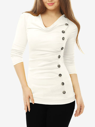 Buttons Decor Cowl Neck Long Sleeve Ruched Top