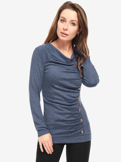 Buttons Decor Cowl Neck Long Sleeve Ruched Top