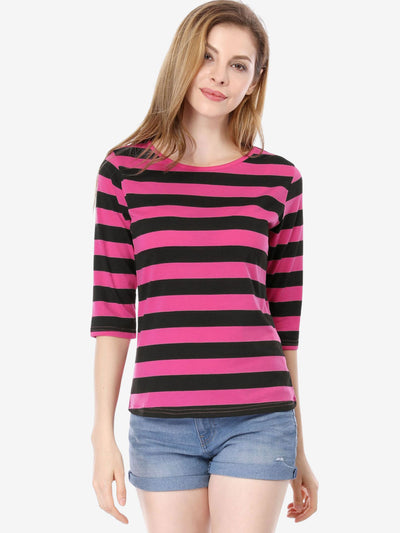 Striped Elbow Sleeve Round Neck Casual T-Shirt