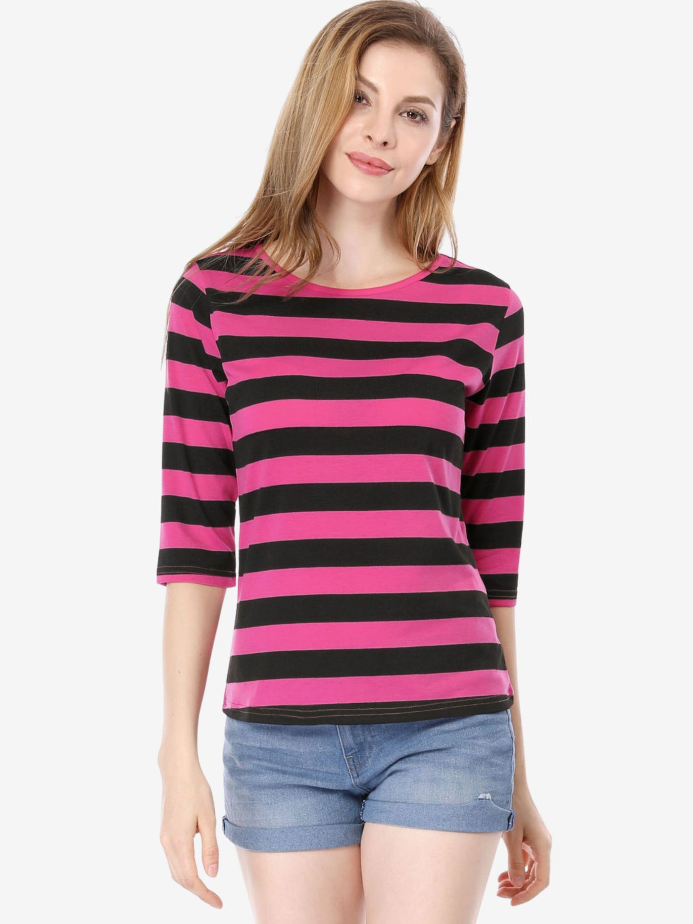 Allegra K Striped Elbow Sleeve Round Neck Casual T-Shirt