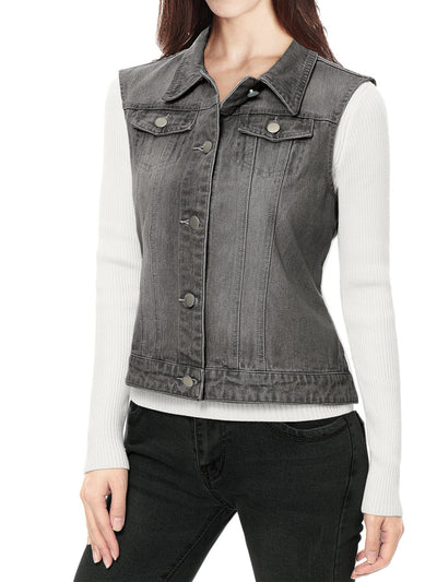 Buttoned Chest Flap Pocket Washed Denim Jacket Vest