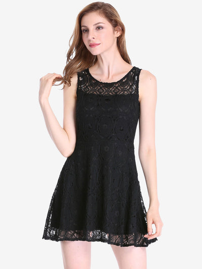 Floral Lace Sleeveless Crew Neck Flare A-Line Mini Dress