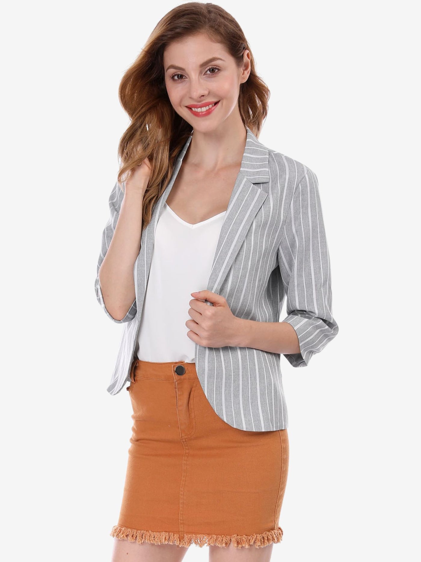 Allegra K Striped 3/4 Sleeve Open Front Notched Lapel Blazer