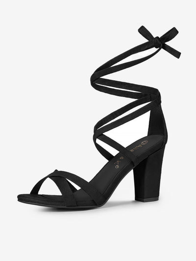 Elegant Faux Suede Ankle Lace Up High Block Heel Sandals