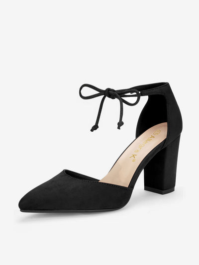 Tapered Straps Ankle Tie Point Toe Chunky Heel Pumps