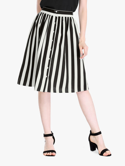 Striped Button Front Elastic Back Waist A-Line Midi Skirt