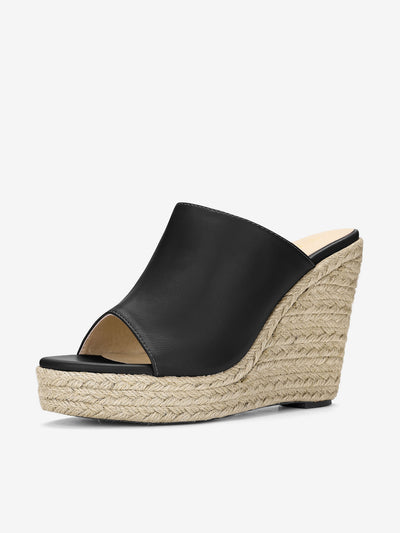 PU Leather Open Toe Espadrille Wedge Platform Mules