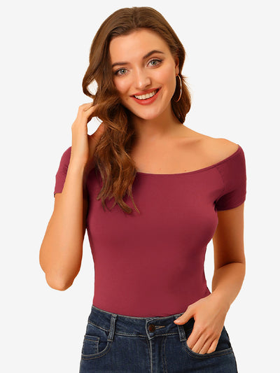 Off Shoulder Short Sleeve Solid Basic Sexy Slim Fit Blouse