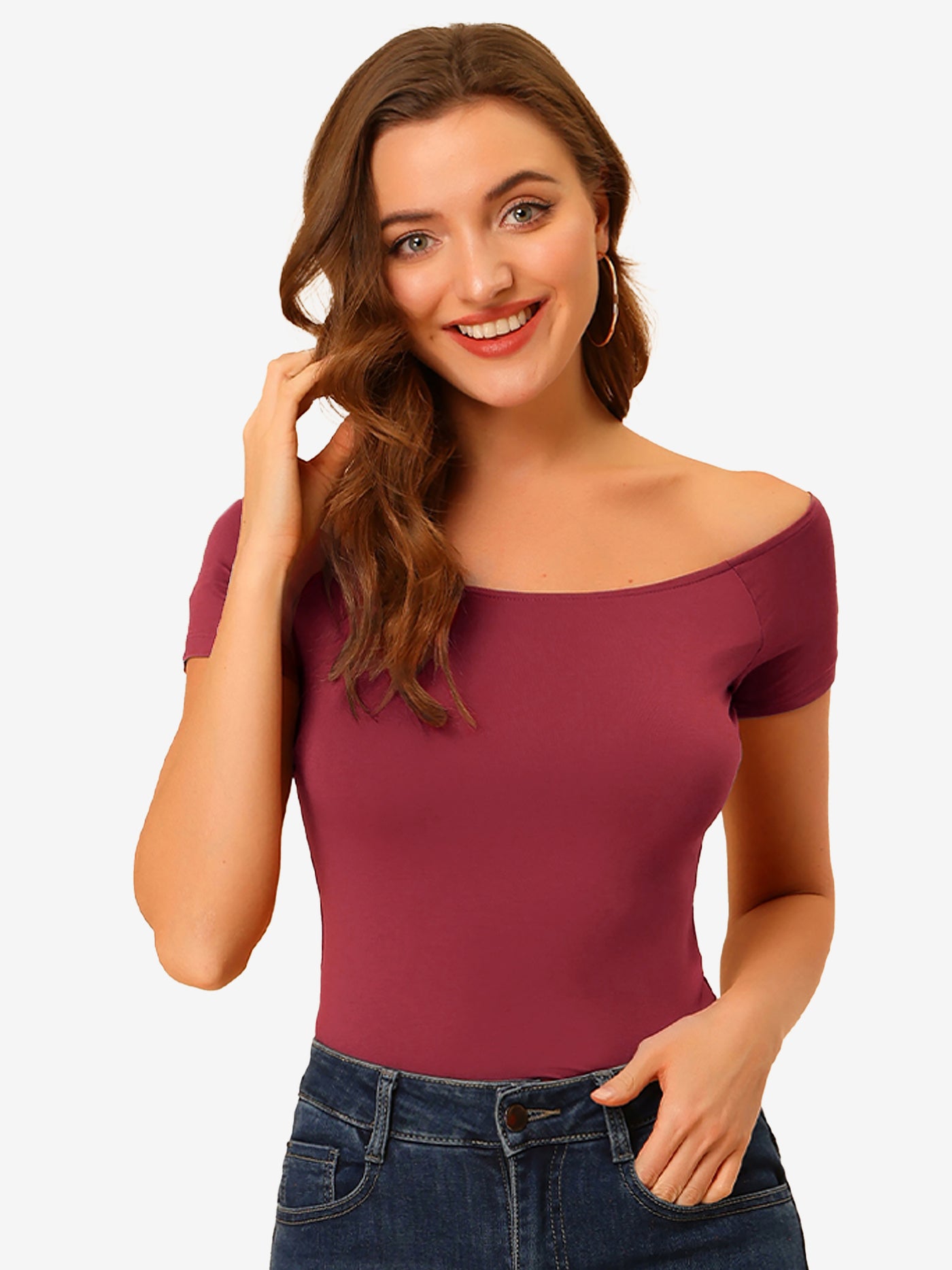 Allegra K Off Shoulder Short Sleeve Solid Basic Sexy Slim Fit Blouse