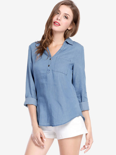 Allegra K V Neck Turn Down Collar Shirt Top Half Placket Chest Pocket Blouse