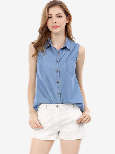 Denim Collar Button Down Casual Office Sleeveless Shirt