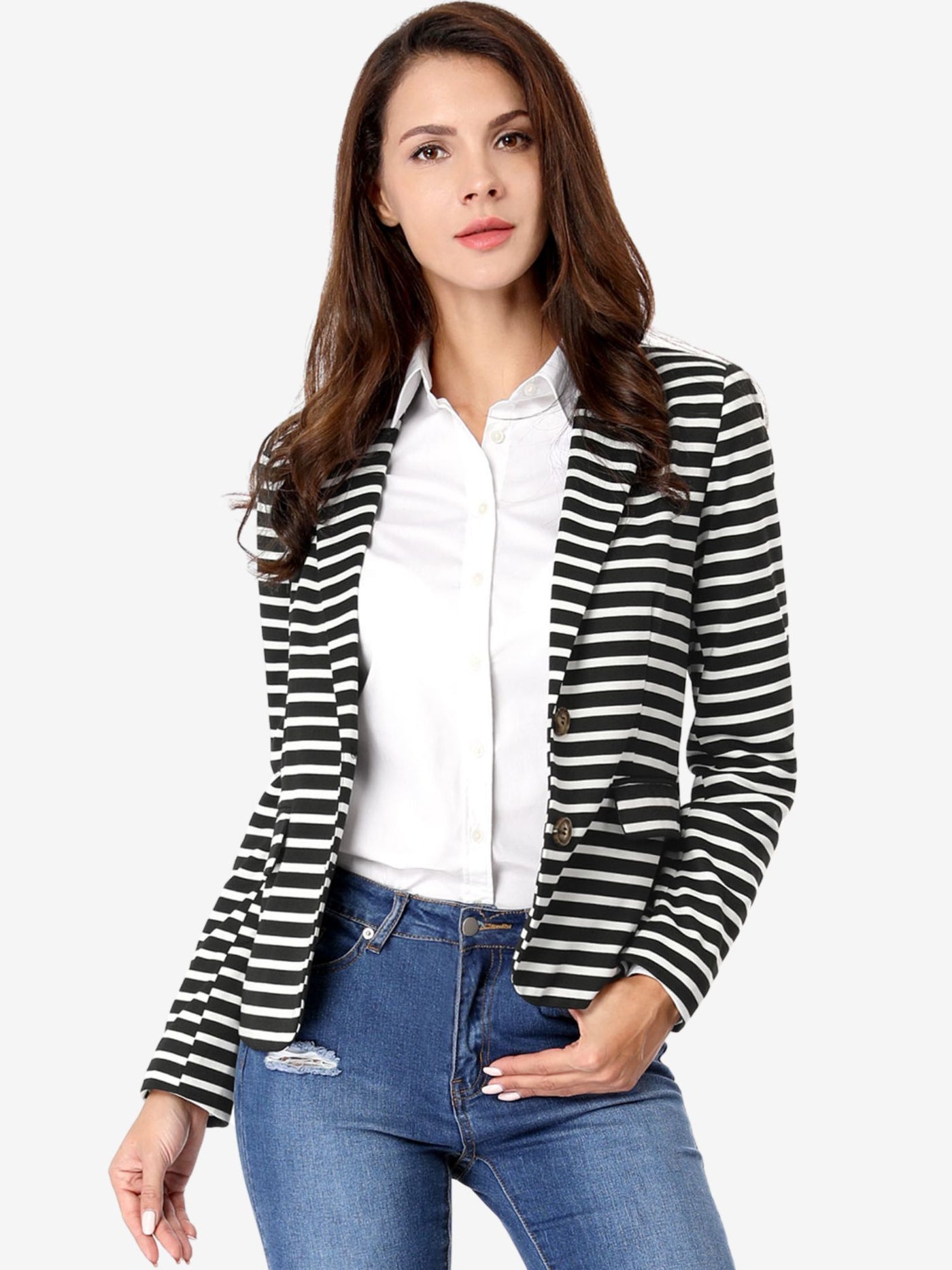 Allegra K Notched Lapel Pocket Button Closure Striped Blazer