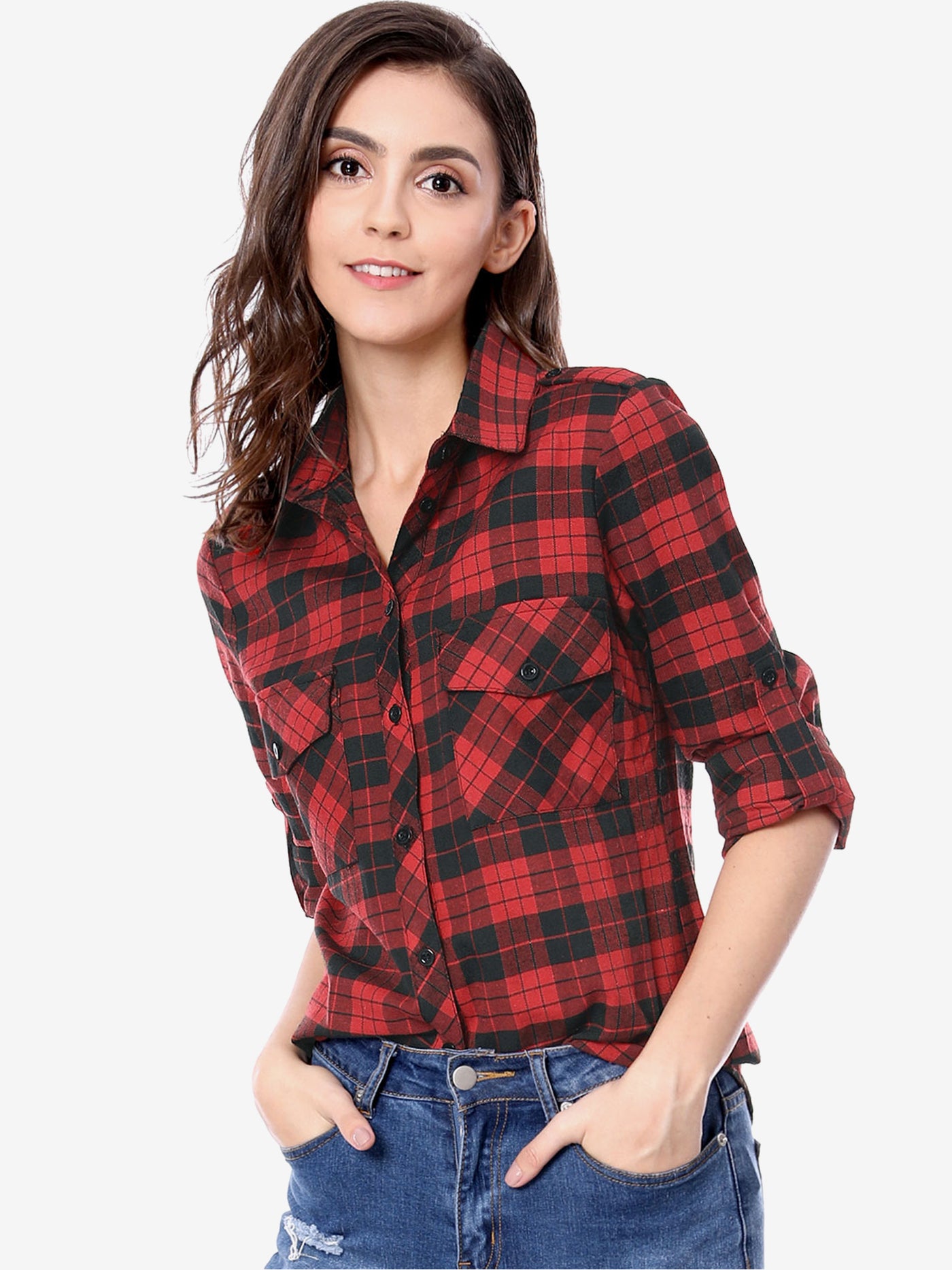 Allegra K Roll Up Long Sleeve Christmas Button Down Plaid Flannel Shirt Top