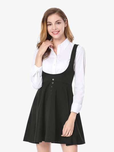 Allegra K Button Decor Overalls Pinafore Dress Suspenders Skirt