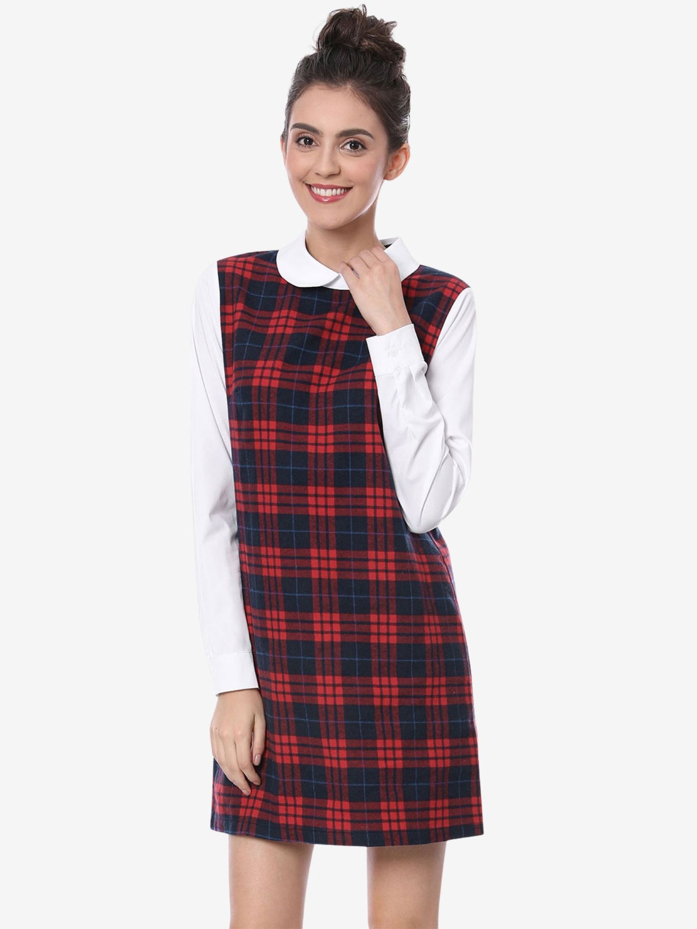 Allegra K Contrast Peter Pan Collar Long Sleeve Shift Plaid Dress