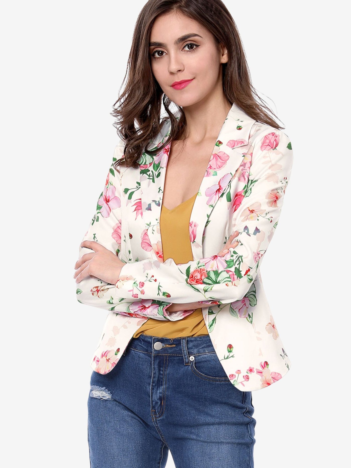 Allegra K Open Front Notch Lapel Floral Business Casual Suit Blazer