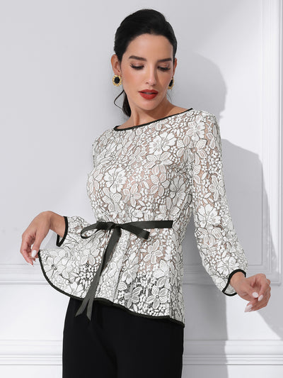 Elegant Tie Waist Long Sleeve Top Lace Peplum Blouses