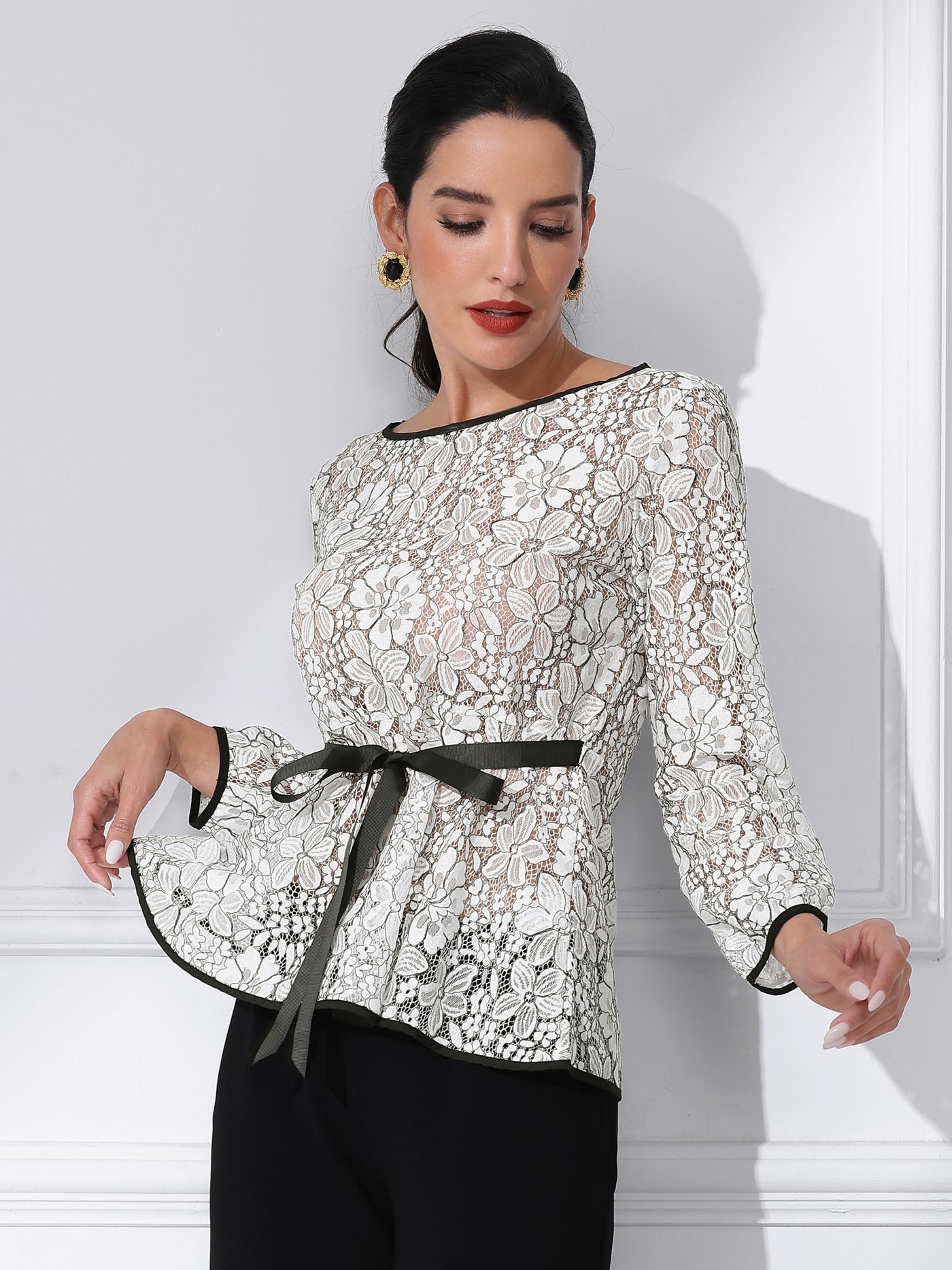 Allegra K Elegant Tie Waist Long Sleeve Top Lace Peplum Blouses