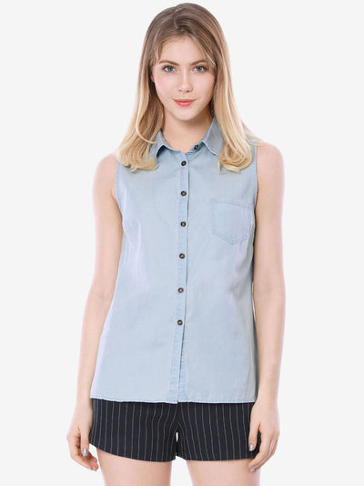 Denim Collar Button Down Casual Office Sleeveless Shirt