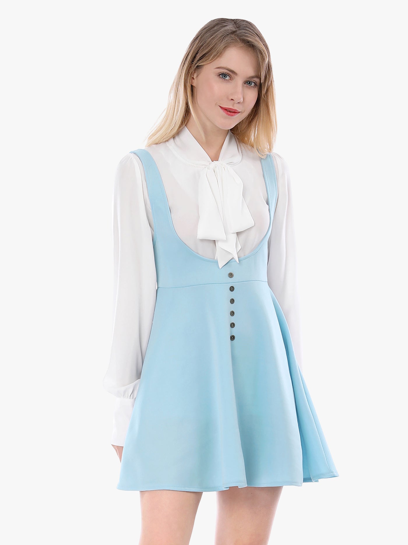 Allegra K Button Decor Overalls Pinafore Dress Suspenders Skirt