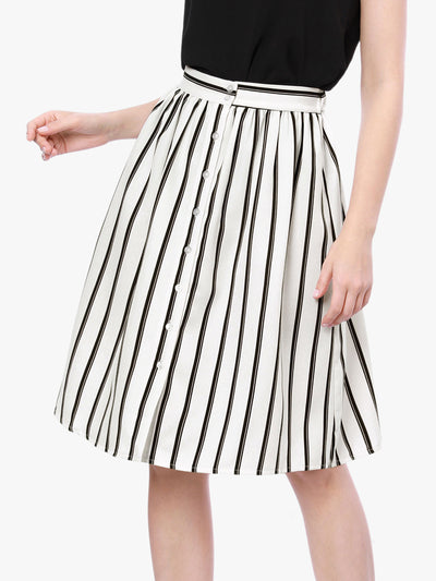 Striped Button Front Elastic Back Waist A-Line Midi Skirt