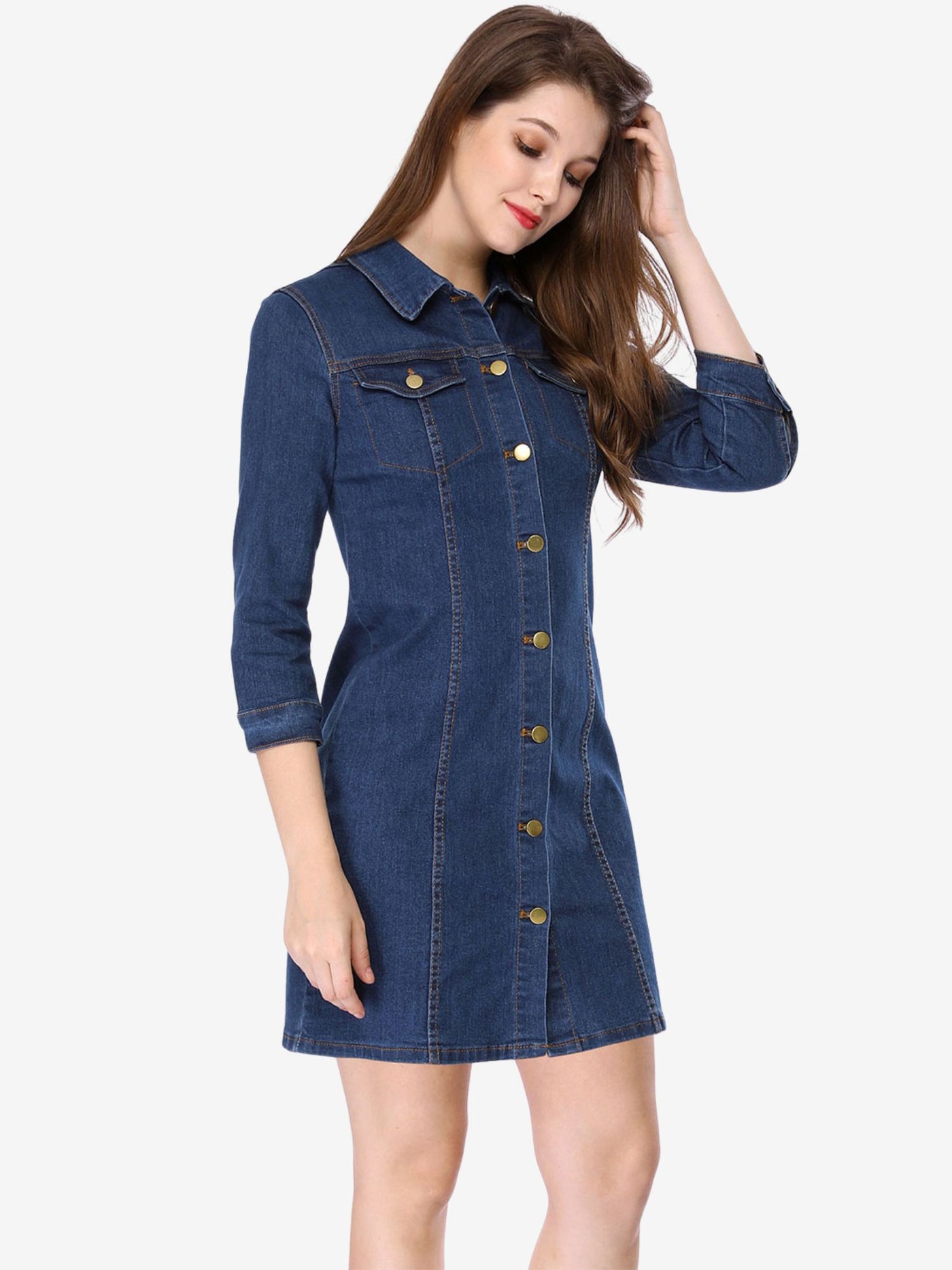 Allegra K 3/4 Sleeve Button Down Denim Shirt Dress