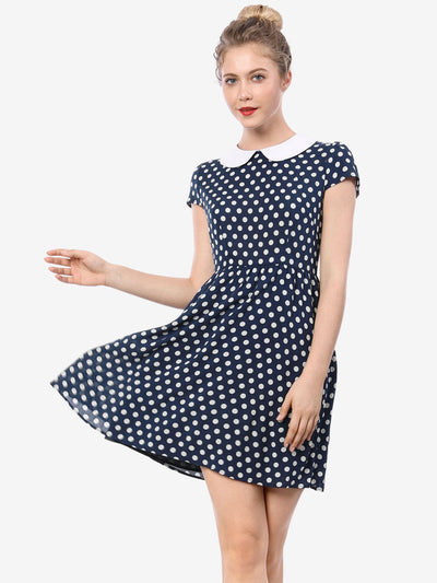 Peter Pan Collar Short Sleeve Contrast A-Line Polka Dots Dress