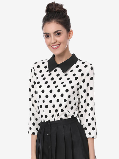 Polka Dots Contrast Peter Pan Collar Top 3/4 Sleeve Blouse Shirt