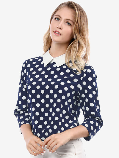 Polka Dots Contrast Peter Pan Collar Top 3/4 Sleeve Blouse Shirt