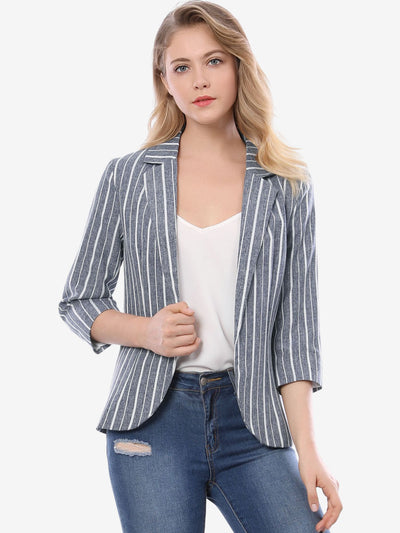 Striped 3/4 Sleeve Open Front Notched Lapel Blazer